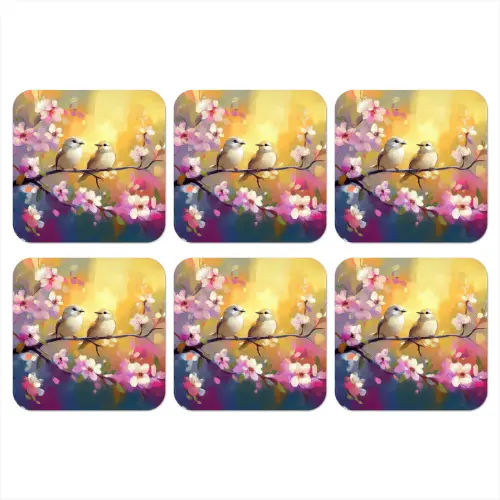 Vogels - Bloemen - Roze onderzetter kurk middel -3d