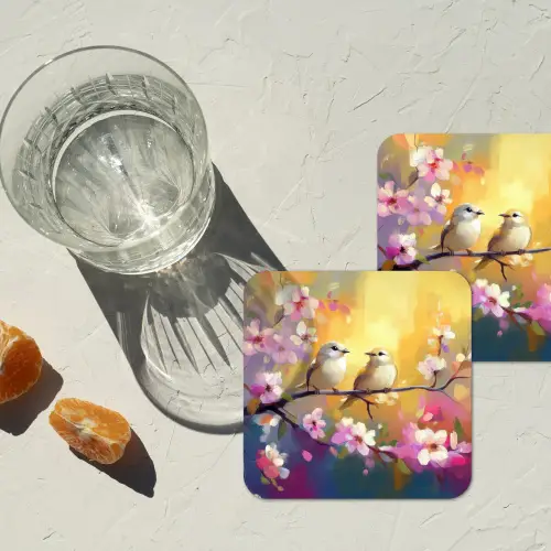 Vogels - Bloemen - Roze onderzetter kurk middel -sfeer4