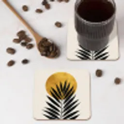 Zwart palmblad - Gouden cirkel - Beige achtergrond onderzetter kurk middel -sfeer2