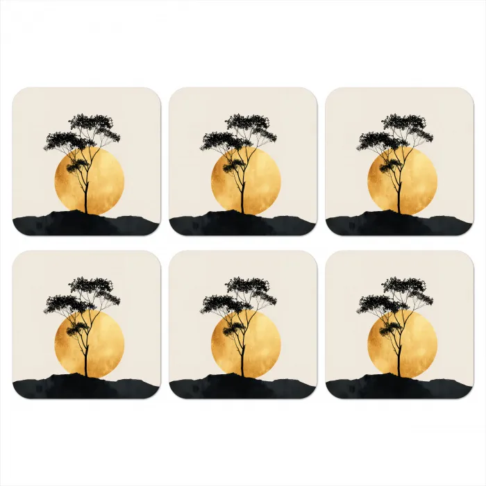 Zwarte boom - Gouden cirkel - Heuvel onderzetter kurk middel -3d