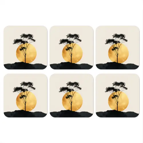 Zwarte boom - Gouden cirkel - Heuvel onderzetter kurk middel -3d