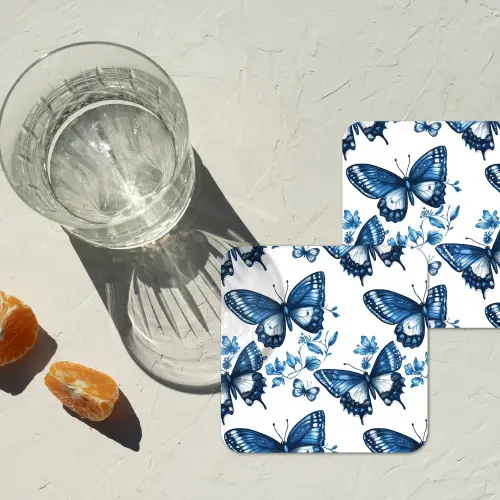 Blauw - Vlinders - Bloemen - Wit onderzetter kurk middel 366 -sfeer4