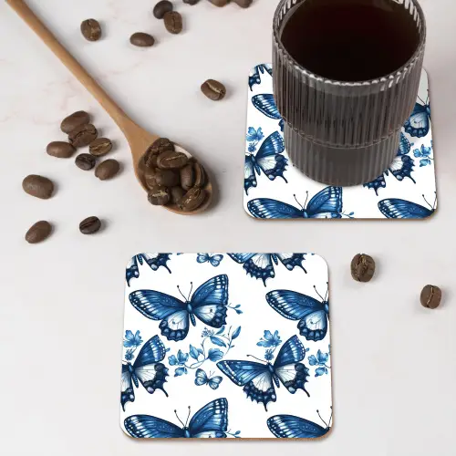 Blauw - Vlinders - Bloemen - Wit onderzetter kurk middel 366 -sfeer2