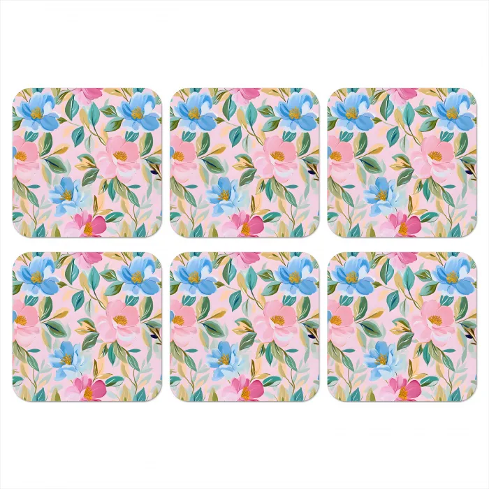 Blauw - Roze - Bloemen onderzetter kurk middel -3d