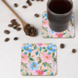 Blauw - Roze - Bloemen onderzetter kurk middel -sfeer2