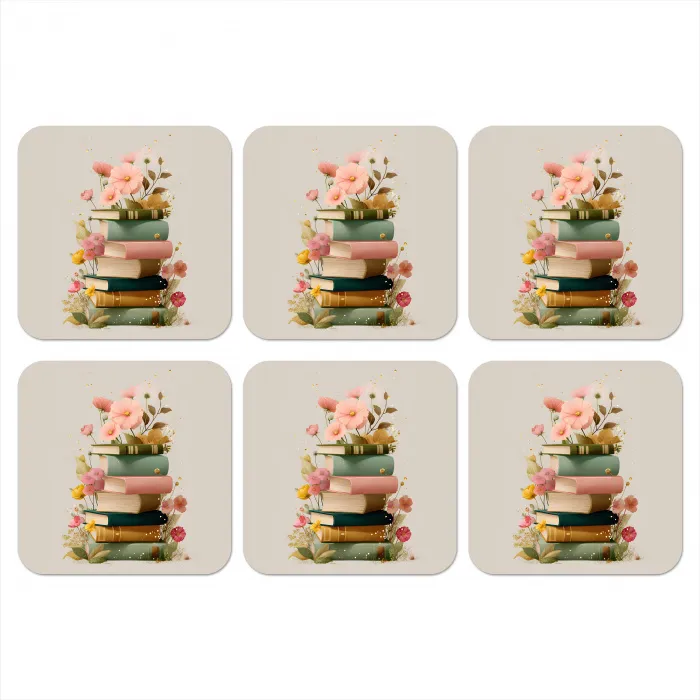 Boeken - Stapel - Bloemen - Kleurrijk onderzetter kurk middel -3d