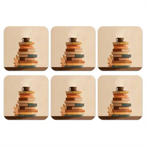 Boeken - Toren - Koffie - Beige onderzetter kurk middel -3d