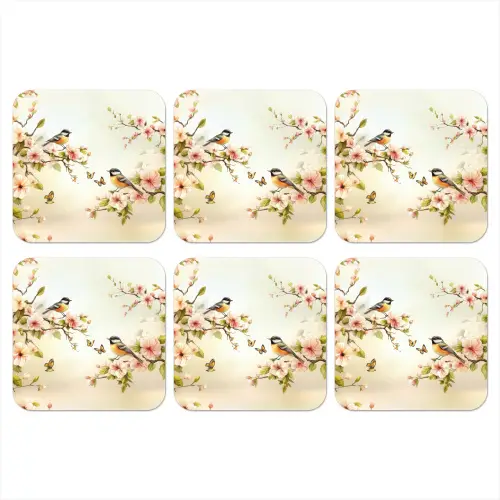 Takken - Bloemen - Vogeltjes - Roze onderzetter kurk middel -3d