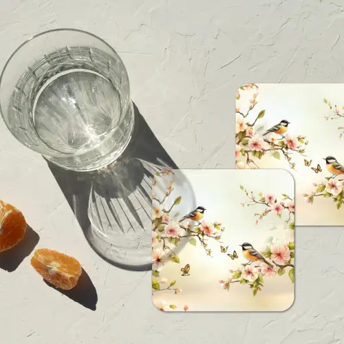 Takken - Bloemen - Vogeltjes - Roze onderzetter kurk middel -sfeer4