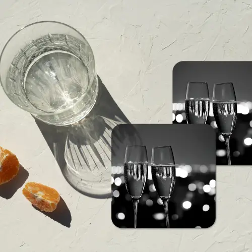 Bubbels - Proosten - Champagneglazen - Stadslichten onderzetter kurk middel -sfeer4