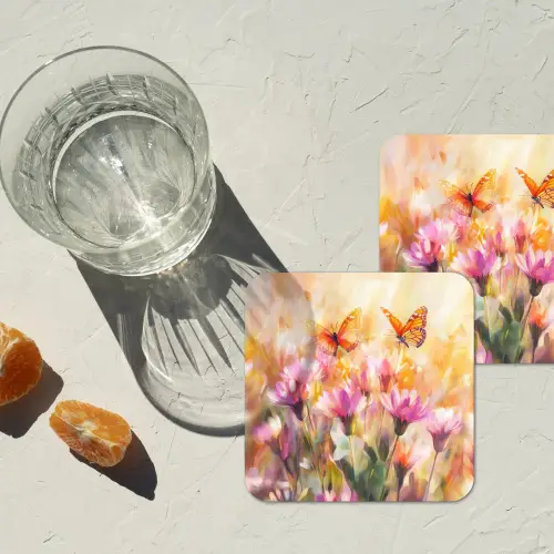 Vlinders - Oranje - Bloemen onderzetter kurk middel -sfeer4