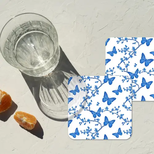 Vlinder - Bloemen - Blauw onderzetter kurk middel 366 -sfeer4