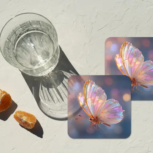 Vlinder - Vleugels - Pastel - Glinstering onderzetter kurk middel -sfeer4