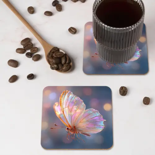 Vlinder - Vleugels - Pastel - Glinstering onderzetter kurk middel -sfeer2