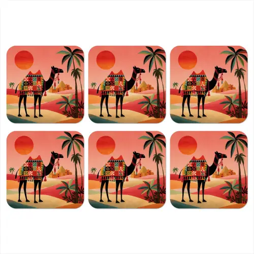 Kameel - Gekleurd tapijt - Duinen - Rode zon onderzetter kurk middel -3d