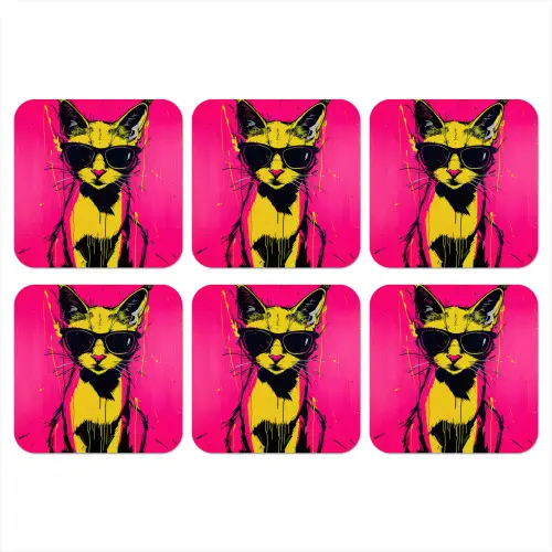 Kat - Art - Zonnebril - Roze onderzetter kurk middel -3d