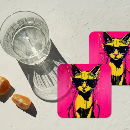 Kat - Art - Zonnebril - Roze onderzetter kurk middel -sfeer4