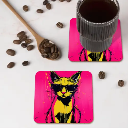 Kat - Art - Zonnebril - Roze onderzetter kurk middel -sfeer2