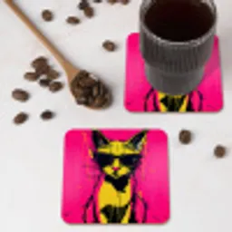 Kat - Art - Zonnebril - Roze onderzetter kurk middel -sfeer2