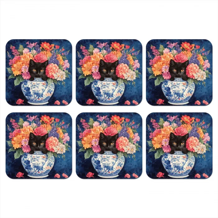 Kat - Felgekleurde bloemen - Vaas onderzetter kurk middel -3d