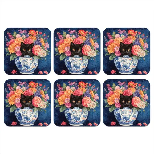 Kat - Felgekleurde bloemen - Vaas onderzetter kurk middel -3d