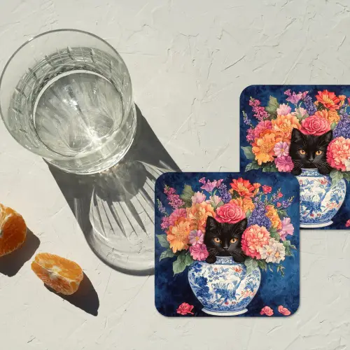 Kat - Felgekleurde bloemen - Vaas onderzetter kurk middel -sfeer4
