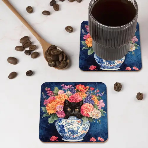 Kat - Felgekleurde bloemen - Vaas onderzetter kurk middel -sfeer2