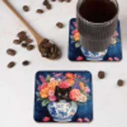 Kat - Felgekleurde bloemen - Vaas onderzetter kurk middel -sfeer2