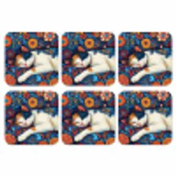 Kat - Bloemenpatroon - Blauw - Oranje onderzetter kurk middel -3d