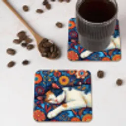 Kat - Bloemenpatroon - Blauw - Oranje onderzetter kurk middel -sfeer2