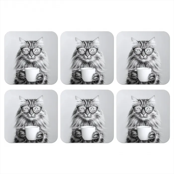 Kat - Bril - Mok - Pluizig onderzetter kurk middel -3d