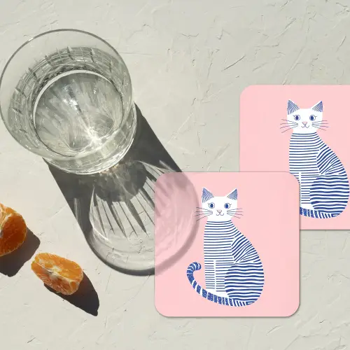 Kat - Illustratie - Minimalistisch - Roze onderzetter kurk middel -sfeer4