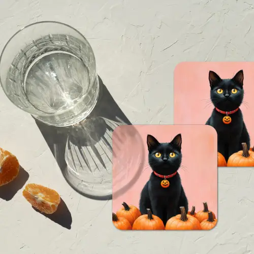Kat - Pompoen - Roze onderzetter kurk middel -sfeer4