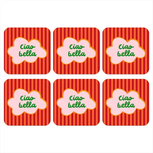 Ciao bella - Tekstwolk - Strepen - Oranje onderzetter kurk middel -3d
