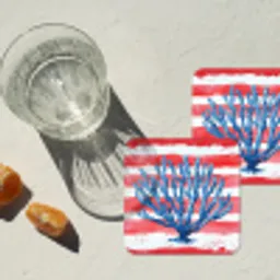 Koraal - Verfstructuur - Rood - Blauw onderzetter kurk middel -sfeer4
