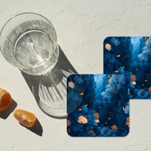 Koraalrif - Vissen - Oceaan - Blauw onderzetter kurk middel -sfeer4