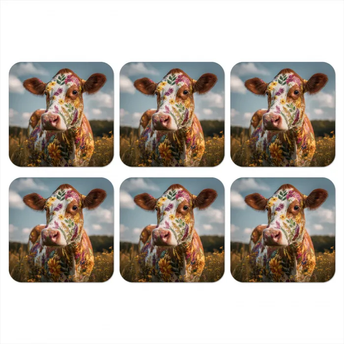 Koe - Bloemen - Weiland onderzetter kurk middel -3d