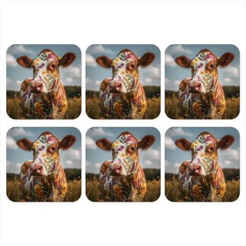 Koe - Bloemen - Weiland onderzetter kurk middel -3d