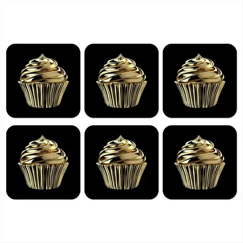 Cupcake - Eten - Goud - Zwart onderzetter kurk middel -3d