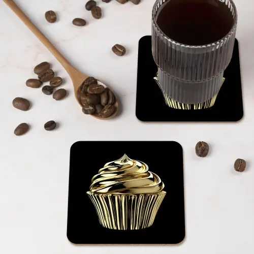 Cupcake - Eten - Goud - Zwart onderzetter kurk middel -sfeer2