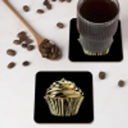 Cupcake - Eten - Goud - Zwart onderzetter kurk middel -sfeer2