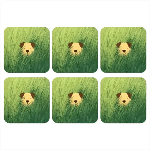 Hondje - Gras - Oren - Bruin onderzetter kurk middel -3d