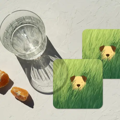 Hondje - Gras - Oren - Bruin onderzetter kurk middel -sfeer4