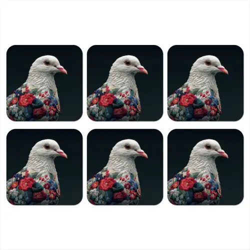 Duif - Bloemen - Wit - Zwart onderzetter kurk middel -3d
