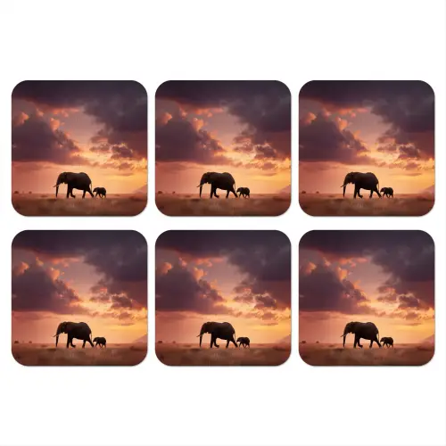 Olifanten - Grasland - Zonsondergang onderzetter kurk middel -3d