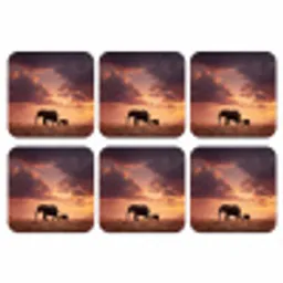 Olifanten - Grasland - Zonsondergang onderzetter kurk middel -3d