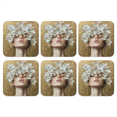 Gezicht - Bloemen - Goud - Abstract onderzetter kurk middel -3d