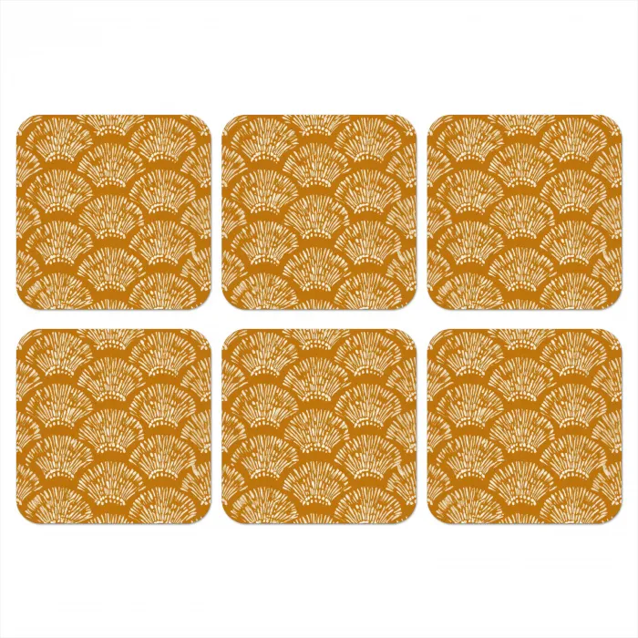 Waaierachtige motieven - Geel - Vintage onderzetter kurk middel -3d