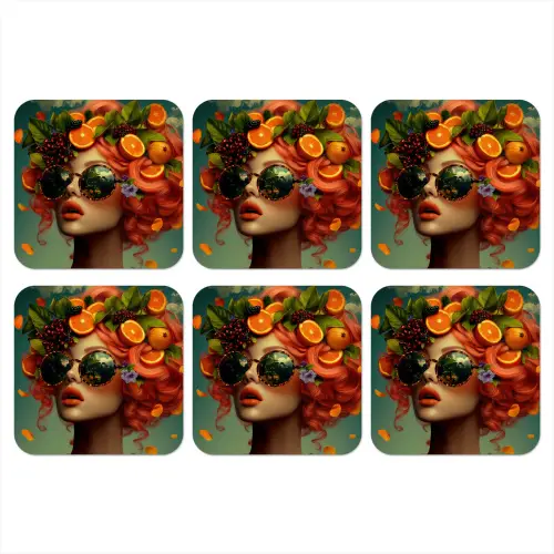 Vrouw - Sinaasappel - Bessen - Oranje onderzetter kurk middel -3d