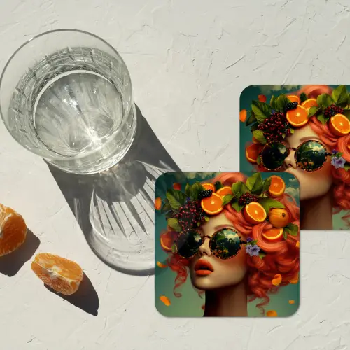 Vrouw - Sinaasappel - Bessen - Oranje onderzetter kurk middel -sfeer4